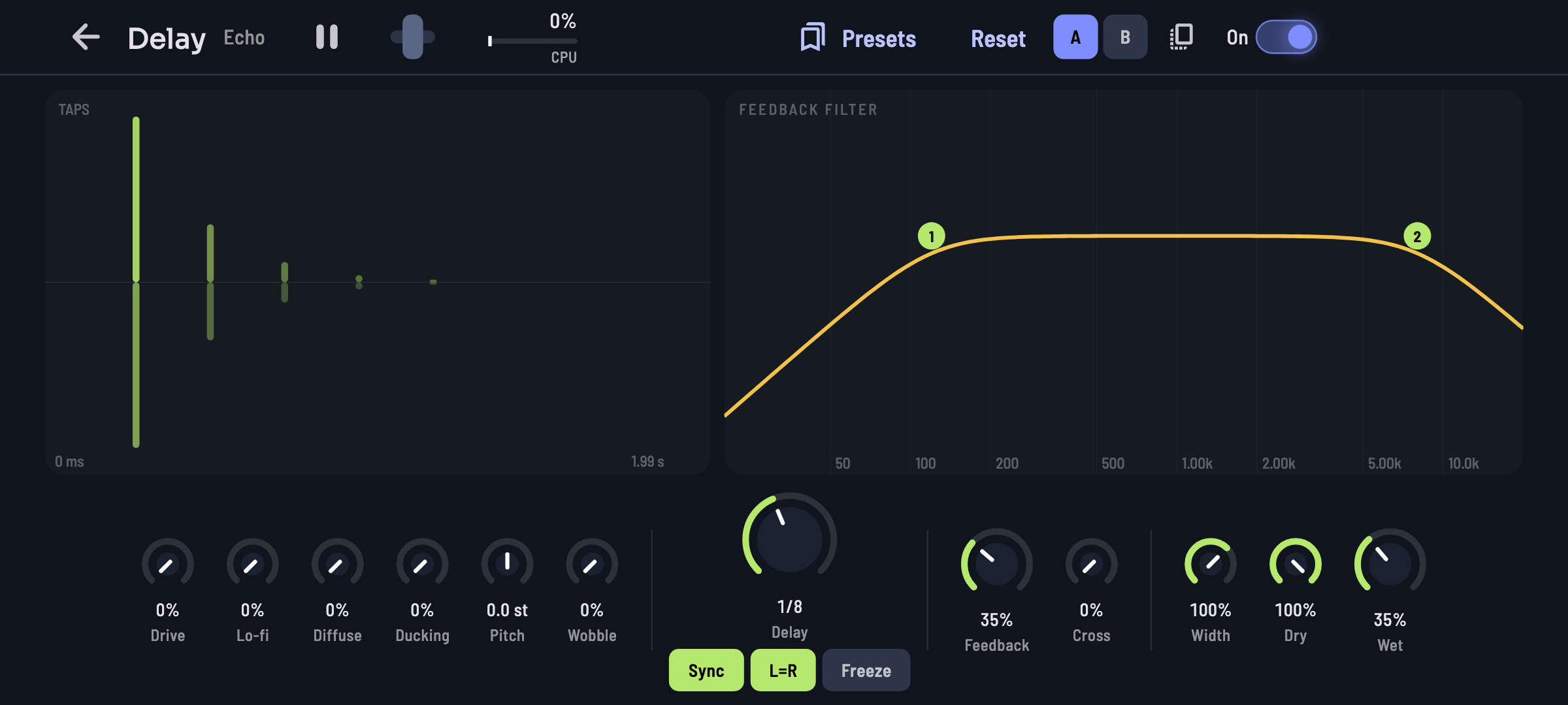 Delay: echoes in time with the song, with a filter and character to taste.