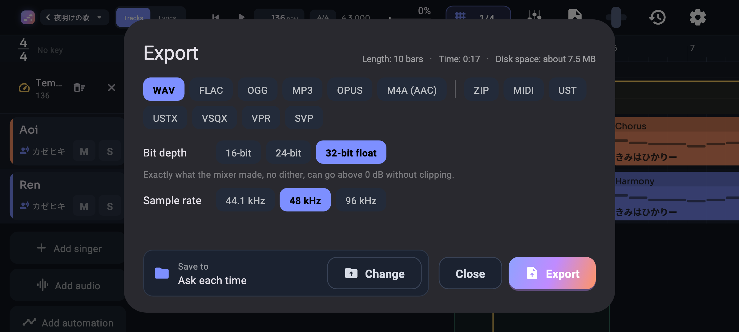 Export as audio in all the common formats, as a Mora song, as MIDI, or for other vocal synth editors.